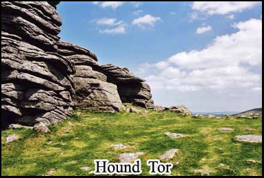 A ghostly black dog with fiery red eyes has been seen at Hound Tor 